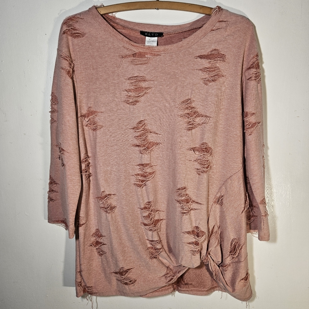 BLVD Distressed Pink Pullover Sweater
